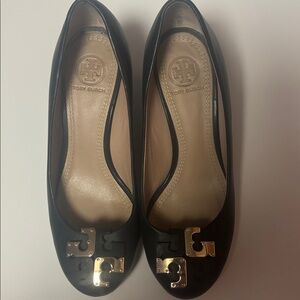 Tory Burch Black Wedge heels with Gold Accents